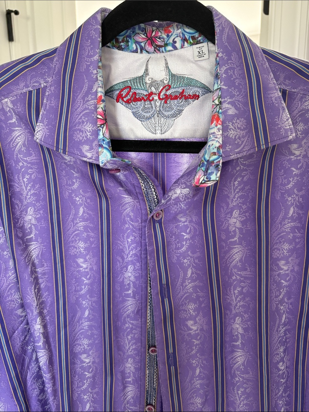 Robert Graham Purple Striped Floral-Accent Button-Down Shirt